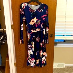 Navy Floral dress with ruffles and belt